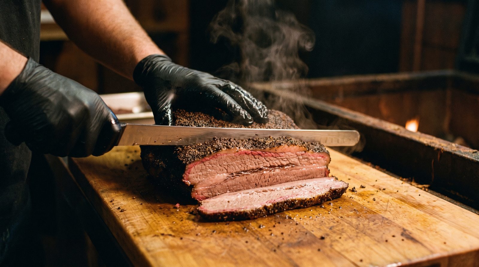 Brisket ahumado en corte, con corteza oscura y anillo de humo