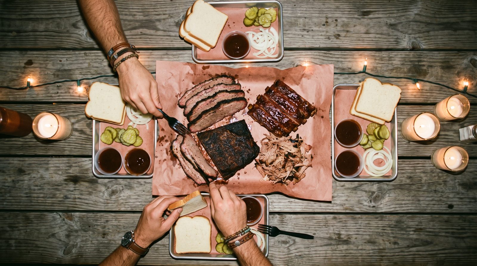 Mesa servida con brisket, costillas, pulled pork y acompañamientos